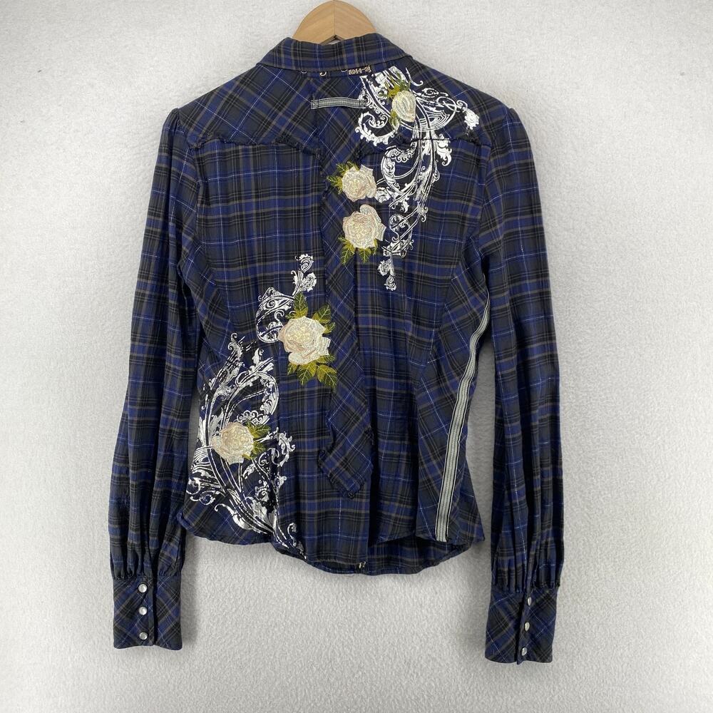JOHNNY WAS Top S Tioga Rose Plaid Pearl Snap Button Front Western Blouse Blue